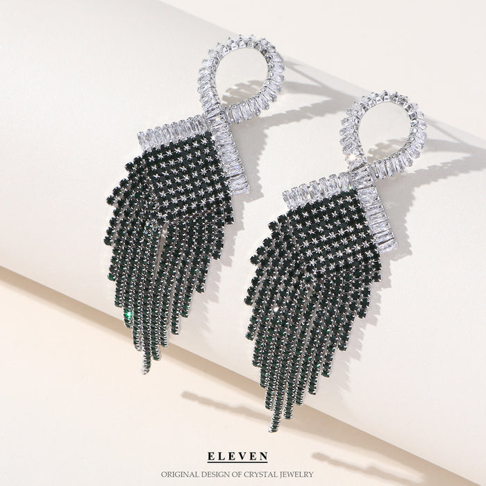 Silver Needle Rhinestone Tassel Earrings - Exaggerated Vintage Dangles for a Bold Look - wallojewerly 