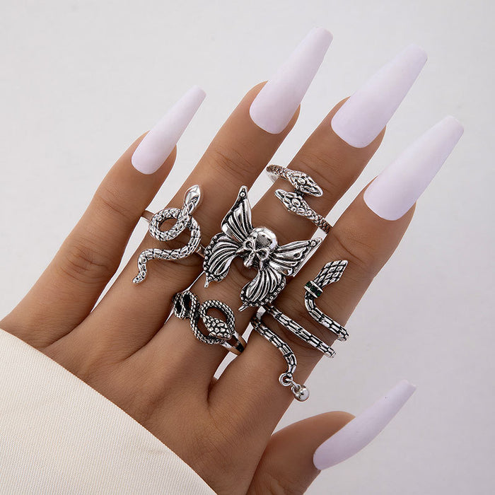 Heavy Metal Dark Series Exaggerated Butterfly Skull Snake Five-Piece Ring Set