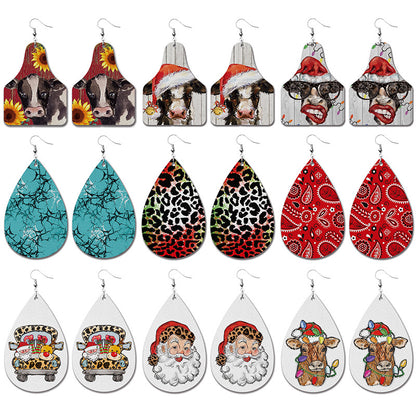 Christmas PU Leather Earrings with Plaid, Reindeer, and Santa Teardrop Design