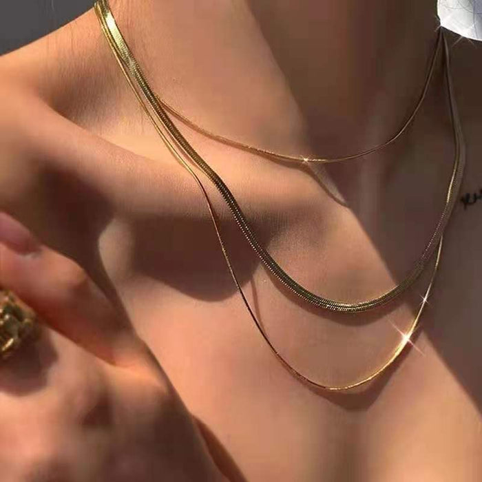 European Style Three-Layer Snake Chain Necklace - Fashionable 14K Gold-Plated Stainless Steel for Women