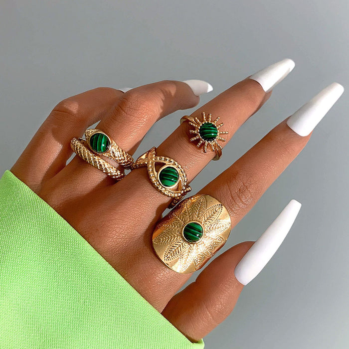 Juego de anillos de serpiente verde: 5 anillos de girasol y ojo para mujer