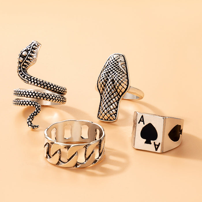 Exaggerated snake-shaped geometric spade A ring set