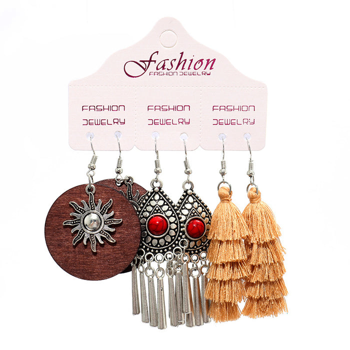 Bohemian Leather and Wood Earrings with Vintage Ethnic Style