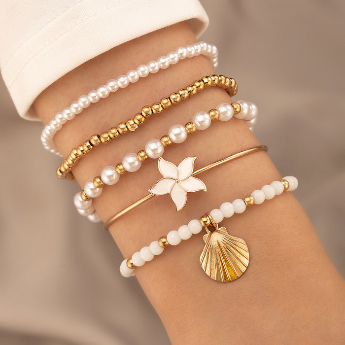 Bohemian Floral Shell Bracelet Set - Five-Piece Open Cuff Jewelry