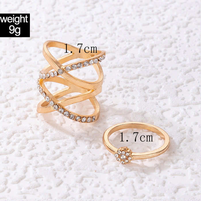 Light luxury diamond cross ring two-piece set geometric flower hollow combination