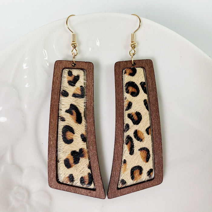 Bohemian Geometric Earrings with Leopard Print and Gold Dots on Cowhide Leather and Wood