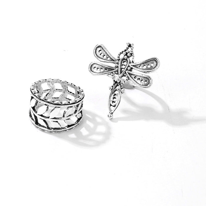 Simple geometric hollow antique silver leaf dragonfly ring 2-piece set