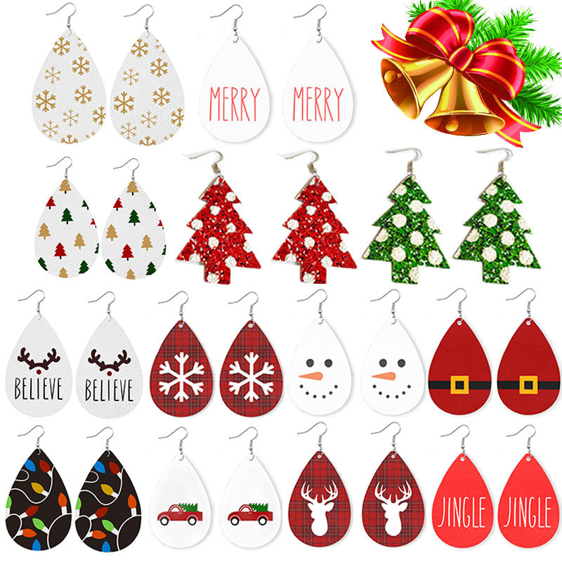 Christmas Themed Leather Earrings with Christmas Tree, Lights, and Reindeer Design