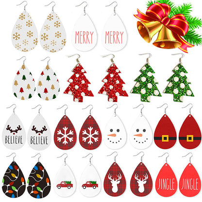 Christmas Themed Leather Earrings with Christmas Tree, Lights, and Reindeer Design