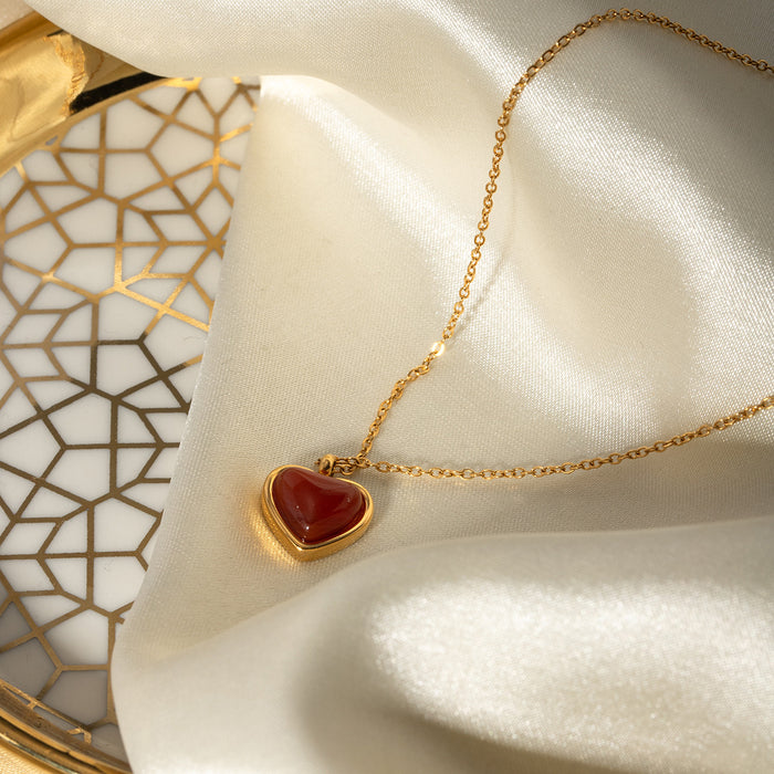 18K Gold-Plated Stainless Steel Necklace with Red Agate Heart Pendant - Women's Fashion Jewelry