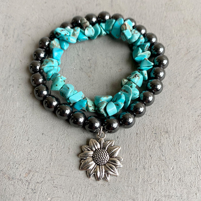 Western Style Multi-Layer Turquoise Bead and Faux Pearl Bracelet Set