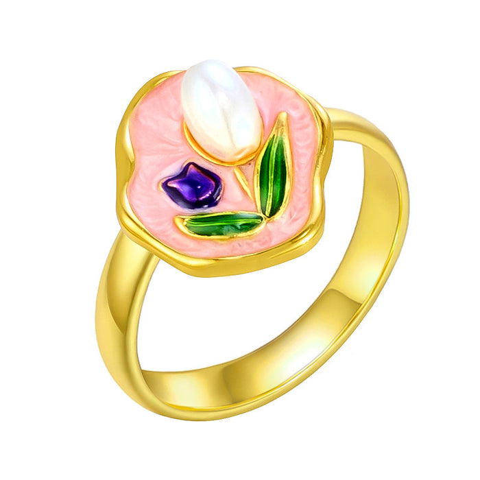 Wholesale copper micro-inlaid enamel painted drip flower open ring