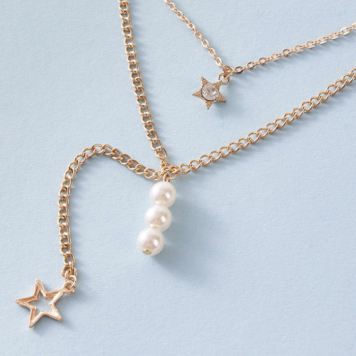 Pearl Star Tassel Double-Layer Necklace - Rhinestone Star Multilayer Choker