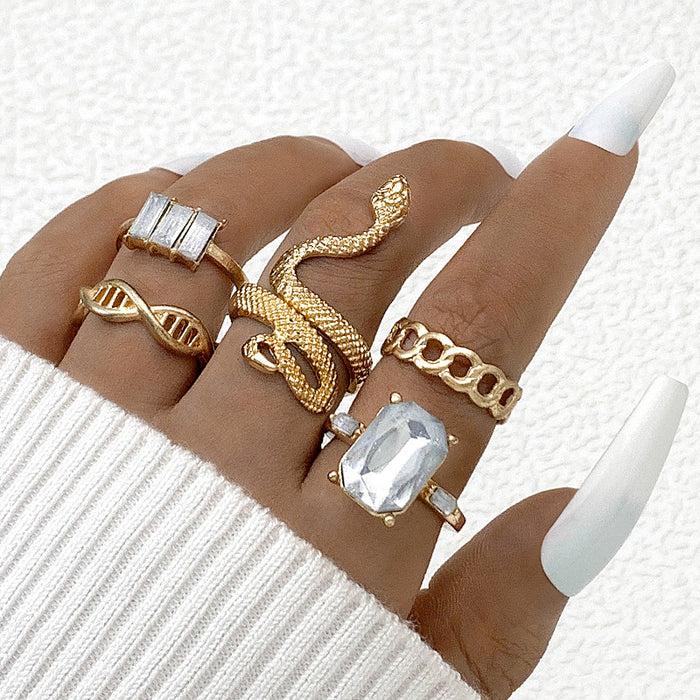 Hip-Hop Snake Ring Set - Creative Geometric Rhinestone Gemstone Five-Piece Set