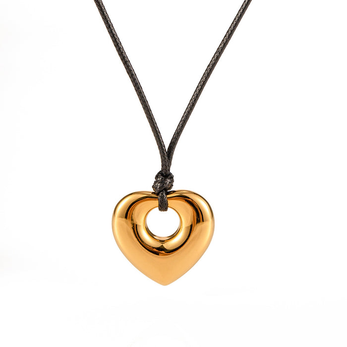 INS-Style Hollow Heart Pendant Necklace - Black Cord Stainless Steel for a Luxurious and Unique Look