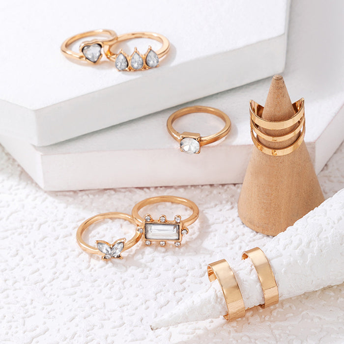 Korean style heart diamond ring set, geometric irregular square butterfly seven-piece set