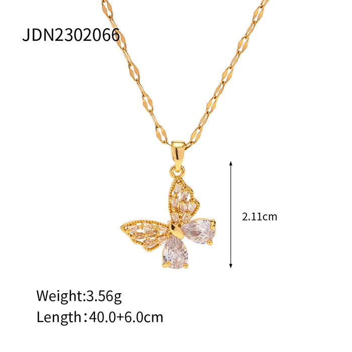 18K Gold-Plated Butterfly Pendant Necklace - Non-Fading Stainless Steel Zircon Jewelry for Women