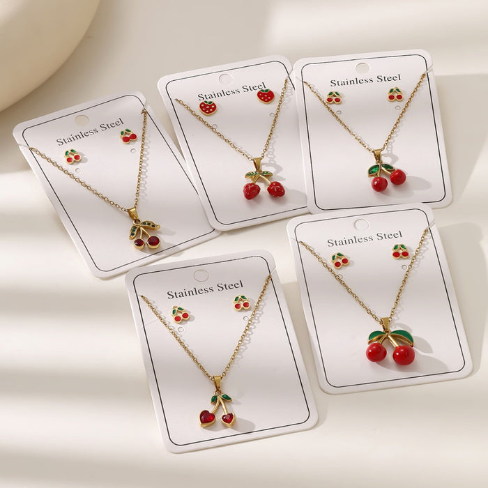 Conjunto de aretes de cadena de clavícula con colgante de cereza de oro de 18 quilates de acero inoxidable al por mayor