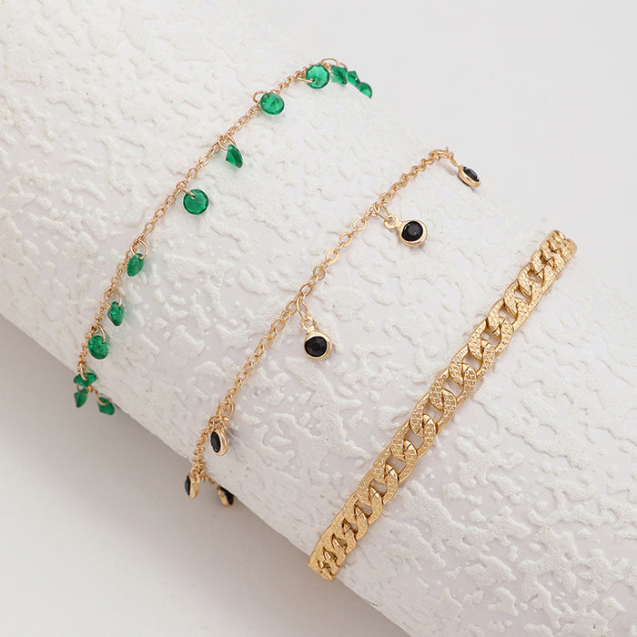 Green Rhinestone Tassel Anklet Set - Multilayer Geometric Jewelry