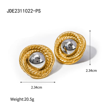 Amazon Hot 18K Gold Stainless Steel Ribbed Round Earrings - Gold-Silver Braided Titanium Steel Studs