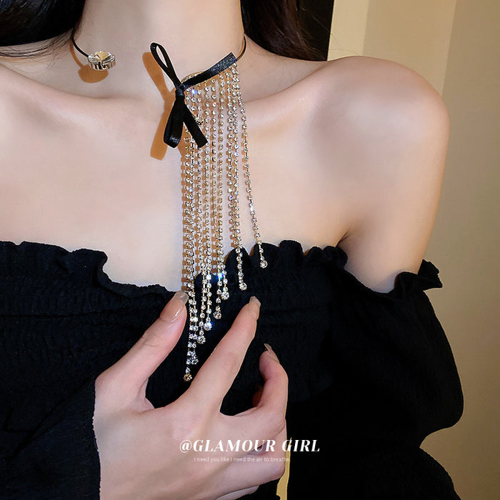 Rhinestone Tassel Choker - Fashionable and Unique Statement Necklace