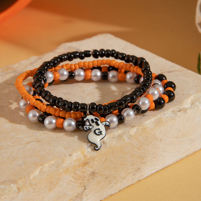 Halloween Ghost Face Bead Bracelet Set - Dark Four-Piece Jewelry