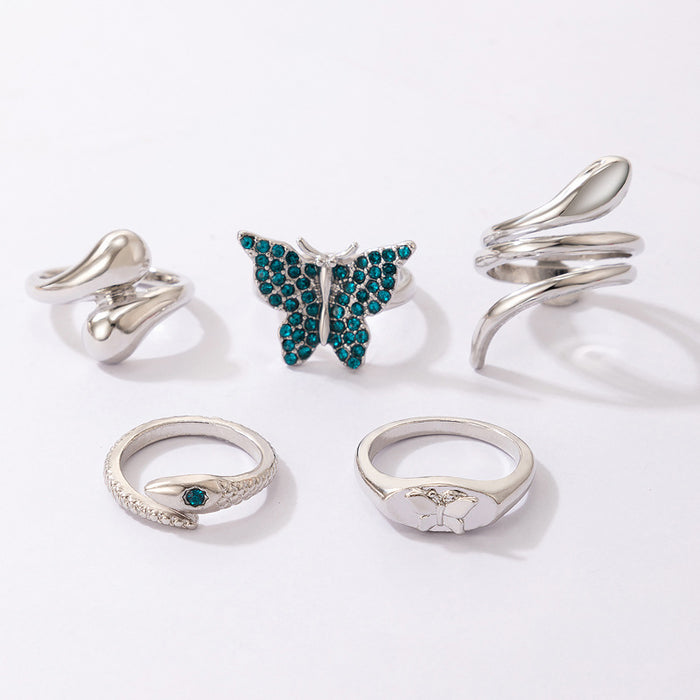 Blue Butterfly Diamond Snake Ring 5-Piece Set