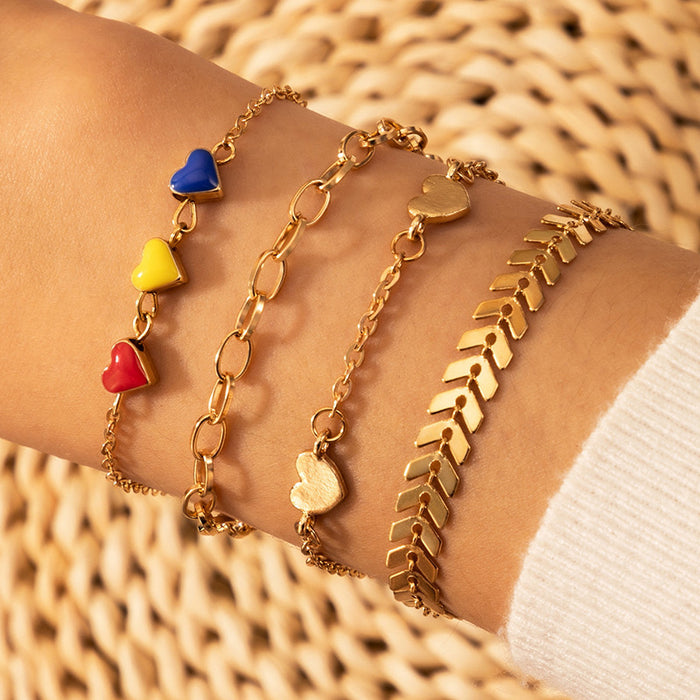 Colorful Heart Layered Bracelet Set with Geometric Plane Chain