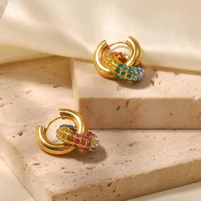 Trendy 18K Gold Plated Multi-Color Zircon Donut Earrings - Fashion Jewelry