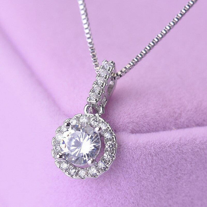 White gold plated disc zircon women's clavicle necklace