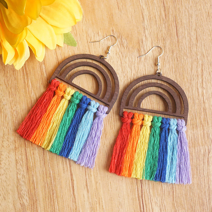 Handwoven Wooden Rainbow Tassel Earrings in a Baroque Style with Colorful Large Pendants