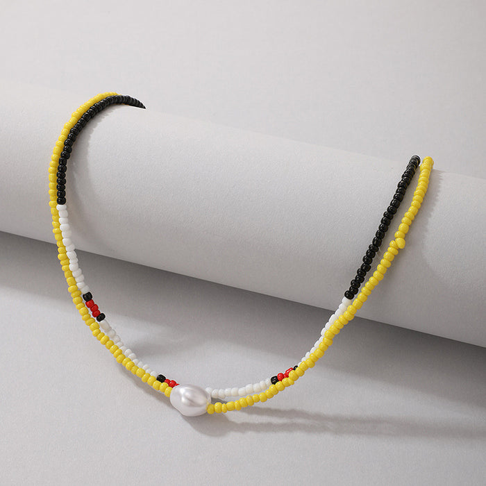 Bohemian Style Black-White-Red Contrast Color Necklace with Yellow Beads and Acrylic Pearls