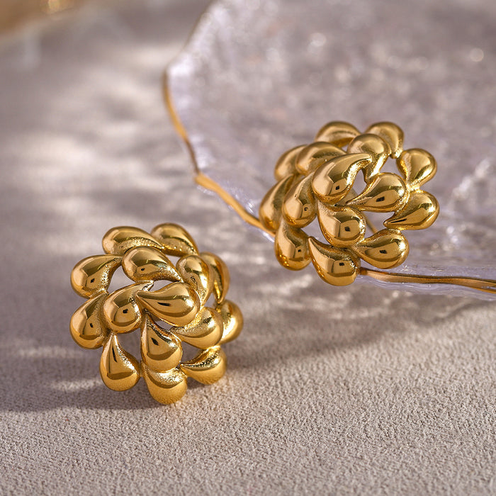 18K Gold Plated Stainless Steel Twisted Teardrop Flower Earrings - Unique Geometric Design