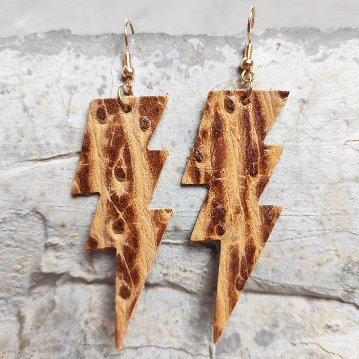 Vintage Embossed Leather Lightning Earrings with Western Cowboy Style