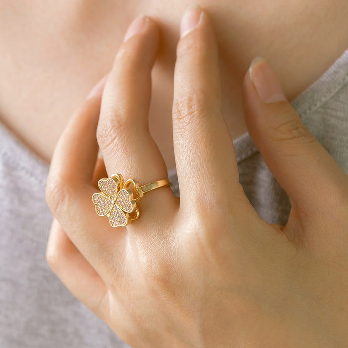 Wholesale zircon four-leaf clover rotating open ring