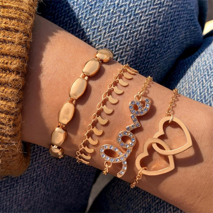 Juego de pulseras multicapa con forma de corazón de diamantes: diseño creativo de letras de amor