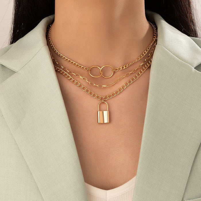 Geometric Ring Triple-Layer Necklace - Alloy Chain Multilayer Choker