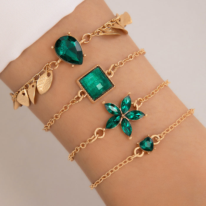 Emerald Three-Leaf Clover Bracelet Set - Green Rhinestone Hand Jewelry