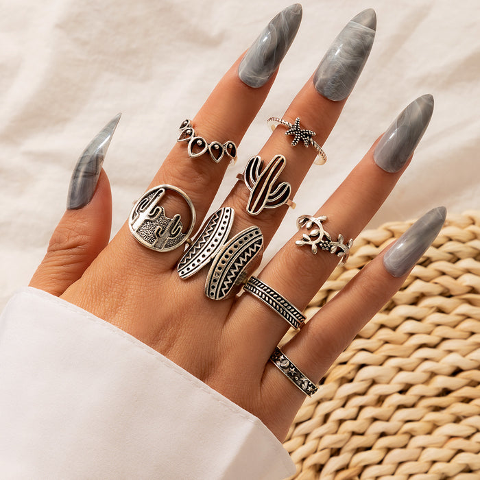 Vintage Cactus and Flower Ring Set - 8-Piece Geometric Palm Tree Rings