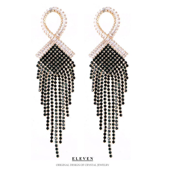 Silver Needle Rhinestone Tassel Earrings - Exaggerated Vintage Dangles for a Bold Look - wallojewerly 
