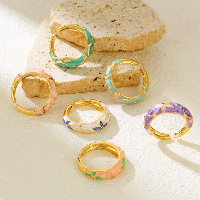 Wholesale colored enamel dripping round irregular flower bud opening rings - wallojewerly 