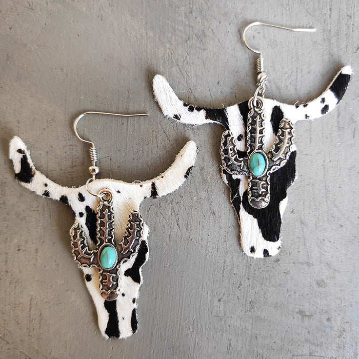 Classic Leopard Print Bullhead Earrings with Cowhide Leather and Cactus Design