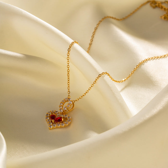 18K Gold-Plated Stainless Steel Necklace - Red and White Zircon Water Drop Pendant for Women