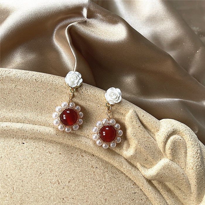 Pearl red agate earrings Baroque retro court style earrings