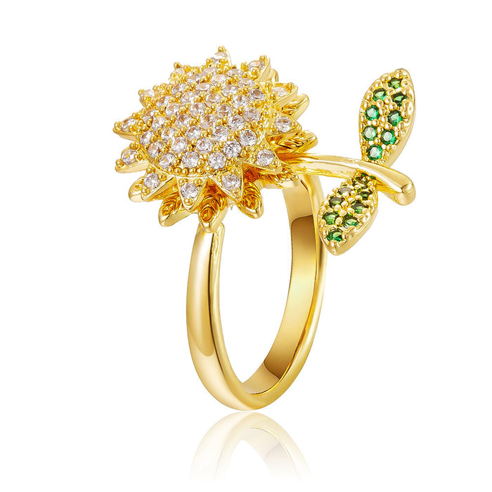 Wholesale copper micro-painted zircon full diamond sunflower rotating open ring