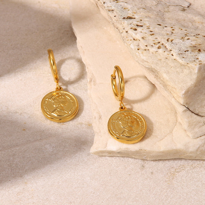 18K Gold Plated Stainless Steel Earrings - Queen Elizabeth Coin Pendant Jewelry