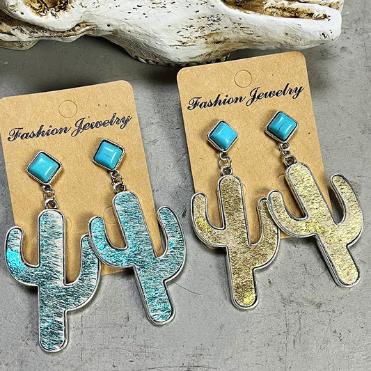 Western Exaggerated Leather Earrings with Turquoise and Cactus Design