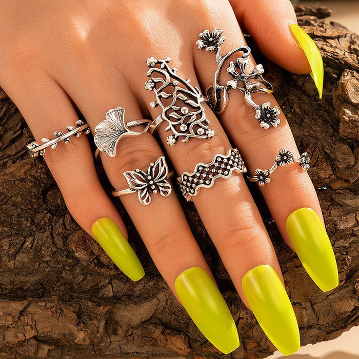 Bohemian style leaf hollow flower butterfly ring 7-piece set