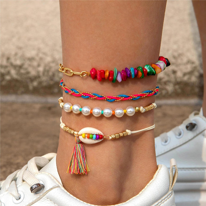 Blue Seahorse and Multi-Layer Anklets - Unique Geometric Foot Jewelry Set