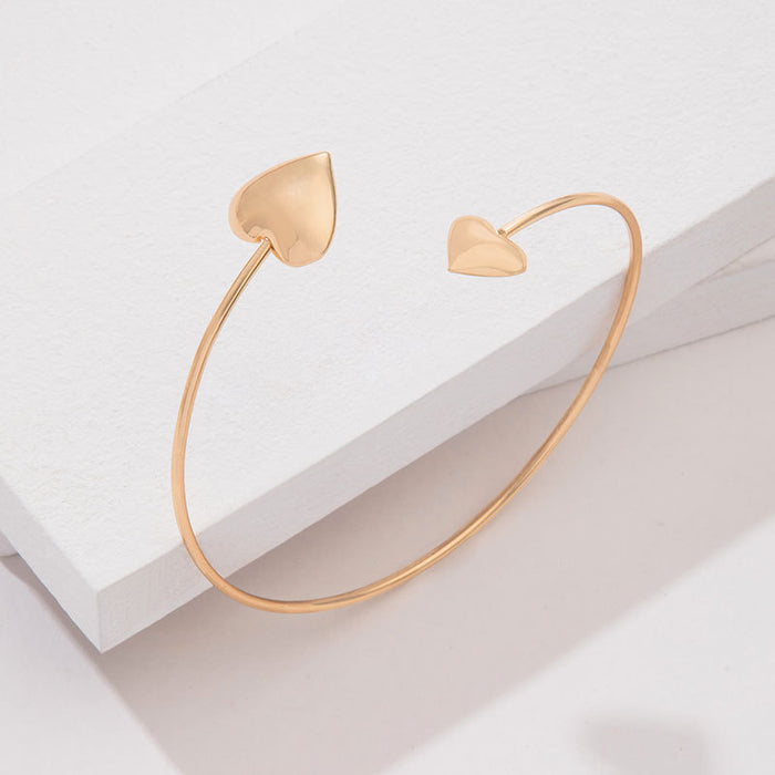 Double Heart Cuff Bracelet - Minimalist Open Circle Bangle Jewelry for Women